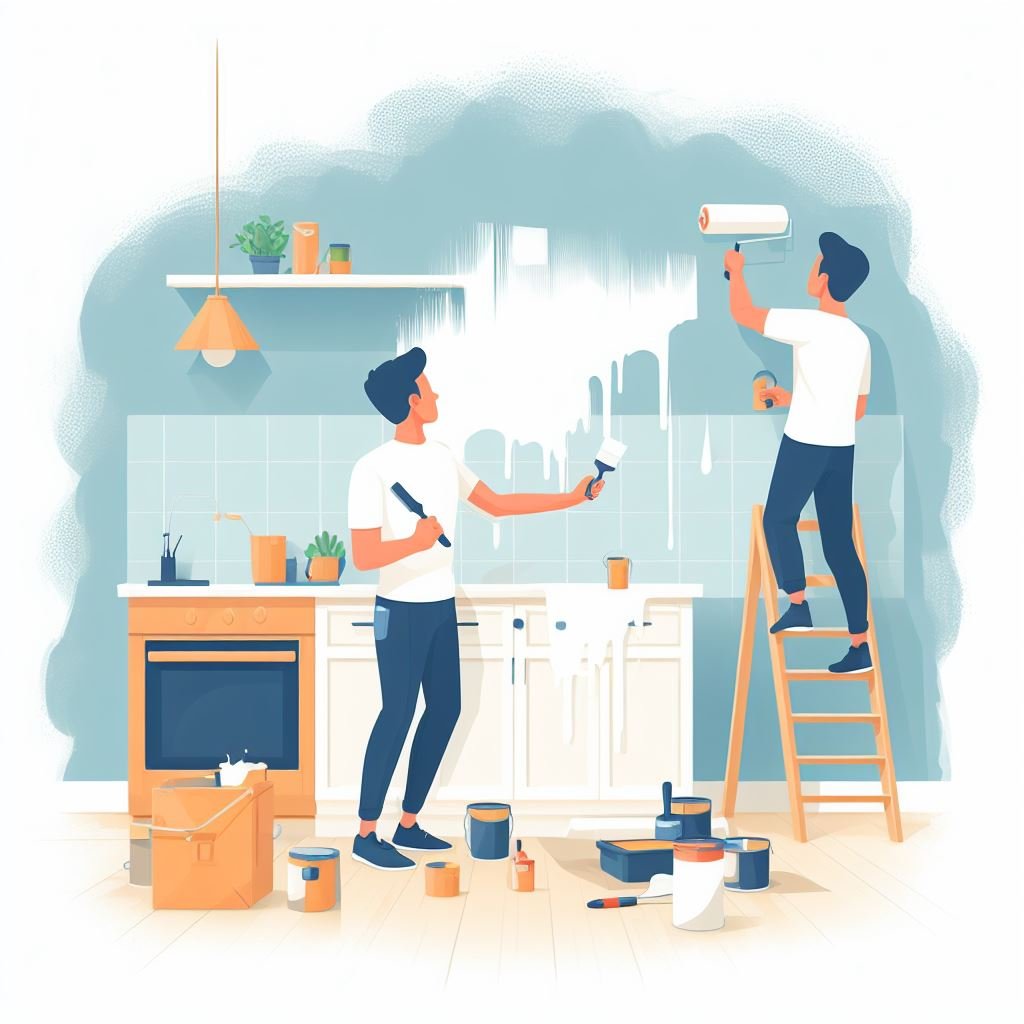 Two people painting a kitchen